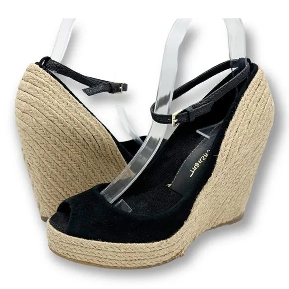 JEAN-MICHEL CAZABAT Black Suede Peep-Toe Espadrille Wedges Sz 37.5  US 7