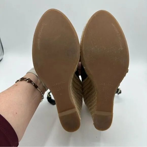 JEAN-MICHEL CAZABAT Black Suede Peep-Toe Espadrille Wedges Sz 37.5  US 7