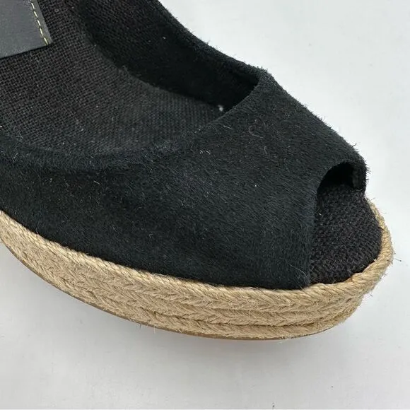 JEAN-MICHEL CAZABAT Black Suede Peep-Toe Espadrille Wedges Sz 37.5  US 7