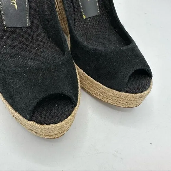 JEAN-MICHEL CAZABAT Black Suede Peep-Toe Espadrille Wedges Sz 37.5  US 7
