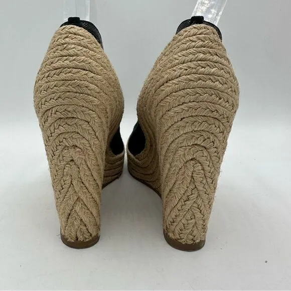 JEAN-MICHEL CAZABAT Black Suede Peep-Toe Espadrille Wedges Sz 37.5  US 7