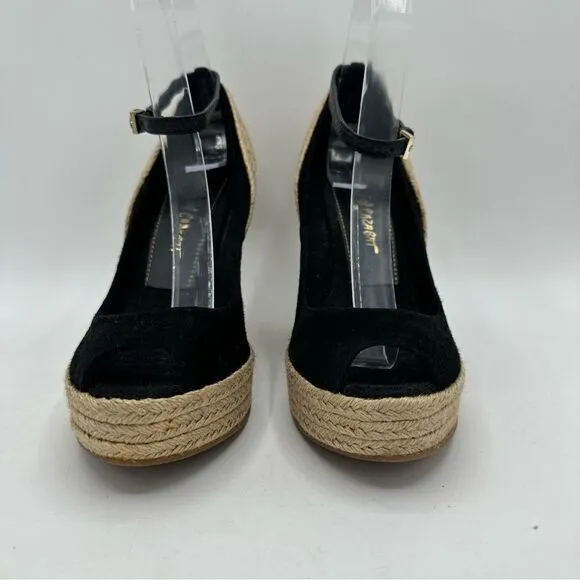JEAN-MICHEL CAZABAT Black Suede Peep-Toe Espadrille Wedges Sz 37.5  US 7