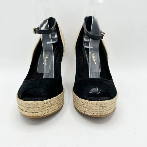 JEAN-MICHEL CAZABAT Black Suede Peep-Toe Espadrille Wedges Sz 37.5  US 7