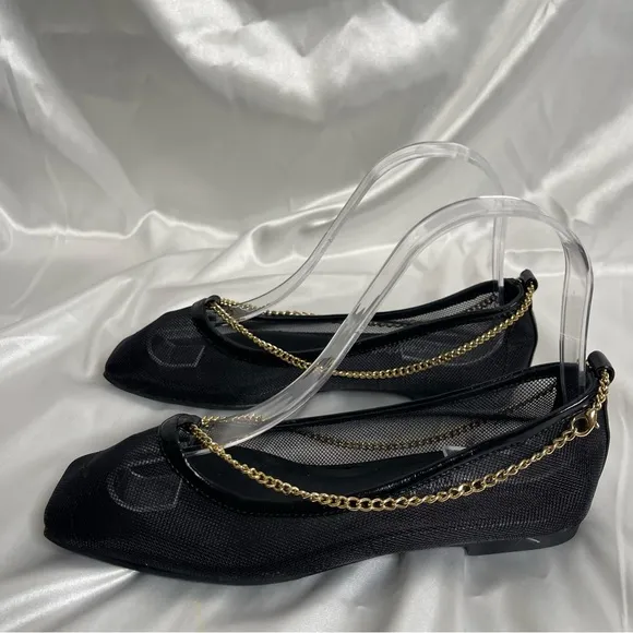 JEFFREY CAMPBELL GERALDINE BLACK MESH GOLDCHAIN BALLET FLATS SIZE 6