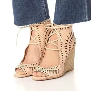 Jeffrey Campbell Rodillo Tan Laser Cut Lace-Up Wedges
