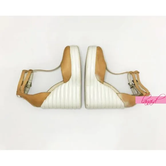 Jeffrey Campbell Sous Wedges Leather Camel White Bubble Strappy Platform Heels 6
