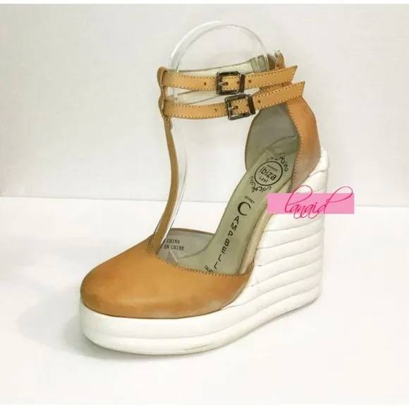 Jeffrey Campbell Sous Wedges Leather Camel White Bubble Strappy Platform Heels 6