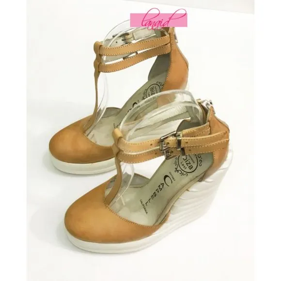 Jeffrey Campbell Sous Wedges Leather Camel White Bubble Strappy Platform Heels 6