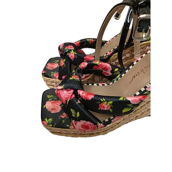 Jessica Simpson Floral Print Wedge Sandals 7M With Braided Jute Platform &amp; Adjus