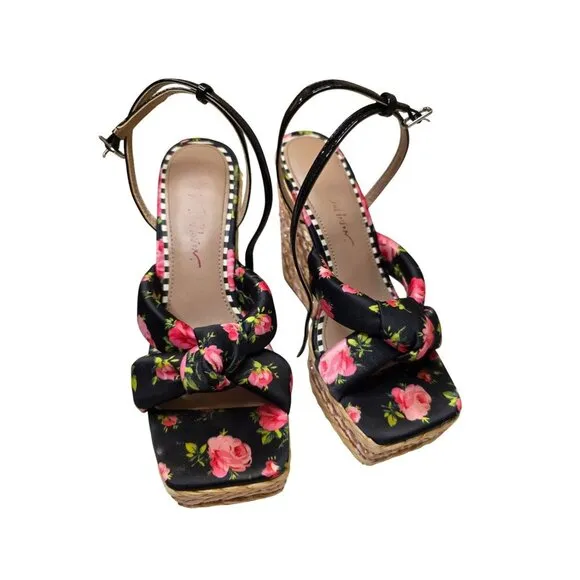 Jessica Simpson Floral Print Wedge Sandals 7M With Braided Jute Platform &amp; Adjus