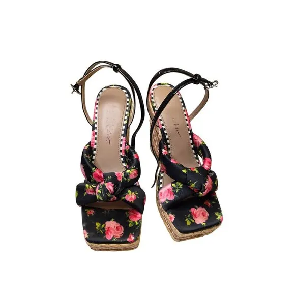 Jessica Simpson Floral Print Wedge Sandals 7M With Braided Jute Platform &amp; Adjus