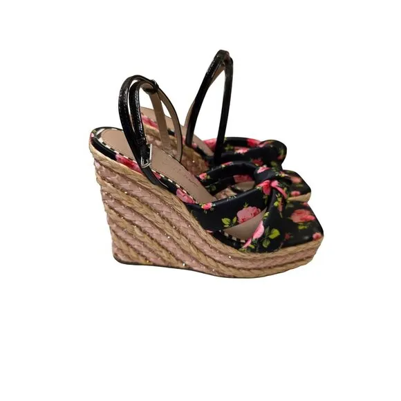 Jessica Simpson Floral Print Wedge Sandals 7M With Braided Jute Platform &amp; Adjus