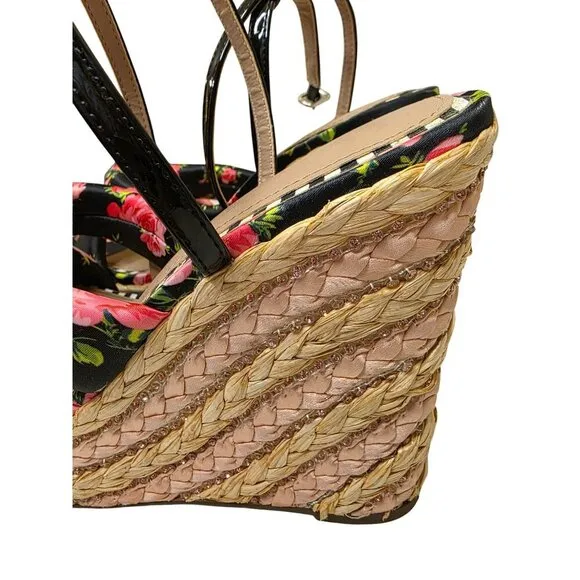 Jessica Simpson Floral Print Wedge Sandals 7M With Braided Jute Platform &amp; Adjus