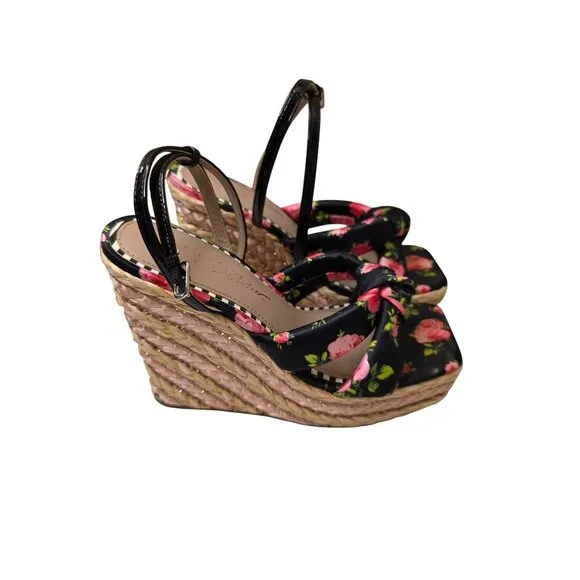 Jessica Simpson Floral Print Wedge Sandals 7M With Braided Jute Platform &amp; Adjus