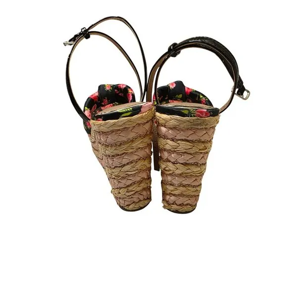 Jessica Simpson Floral Print Wedge Sandals 7M With Braided Jute Platform &amp; Adjus