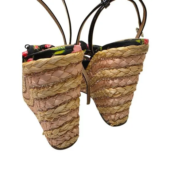 Jessica Simpson Floral Print Wedge Sandals 7M With Braided Jute Platform &amp; Adjus