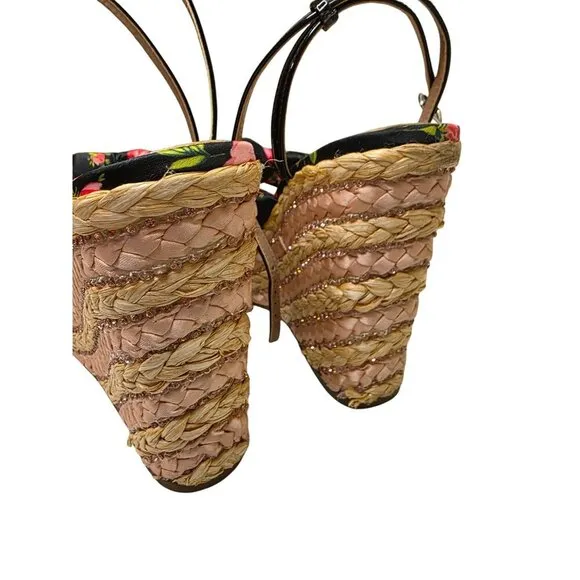 Jessica Simpson Floral Print Wedge Sandals 7M With Braided Jute Platform &amp; Adjus