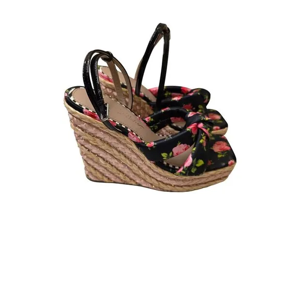 Jessica Simpson Floral Print Wedge Sandals 7M With Braided Jute Platform &amp; Adjus