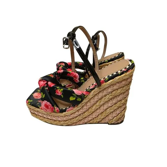 Jessica Simpson Floral Print Wedge Sandals 7M With Braided Jute Platform &amp; Adjus