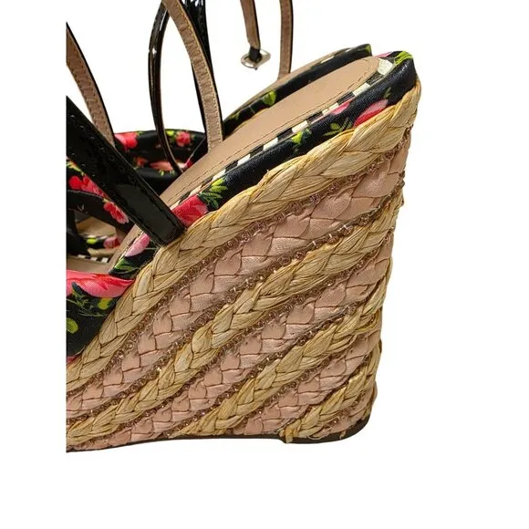 Jessica Simpson Floral Print Wedge Sandals 7M With Braided Jute Platform &amp; Adjus