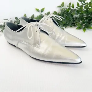 Jil Sanders silver leather lace up pointy toe flats 6