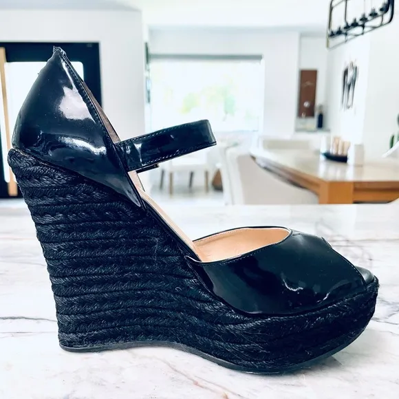 Jimmy Choo black patent Mary Jane raffia heel wedges - size 36- vintage