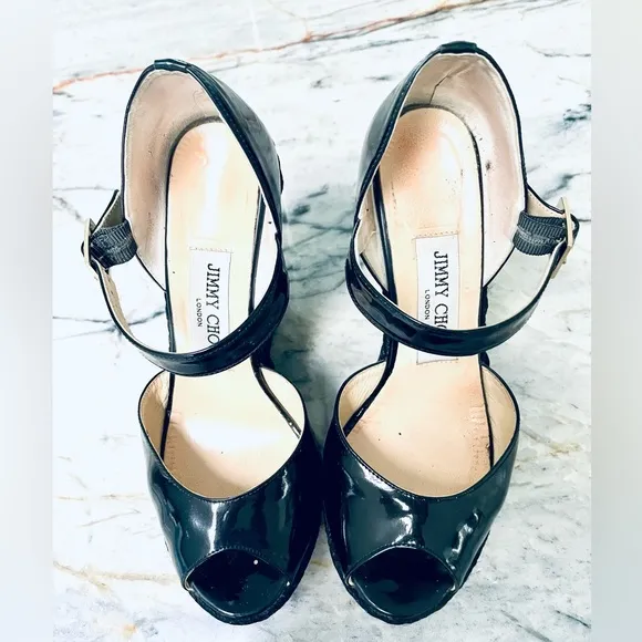 Jimmy Choo black patent Mary Jane raffia heel wedges - size 36- vintage