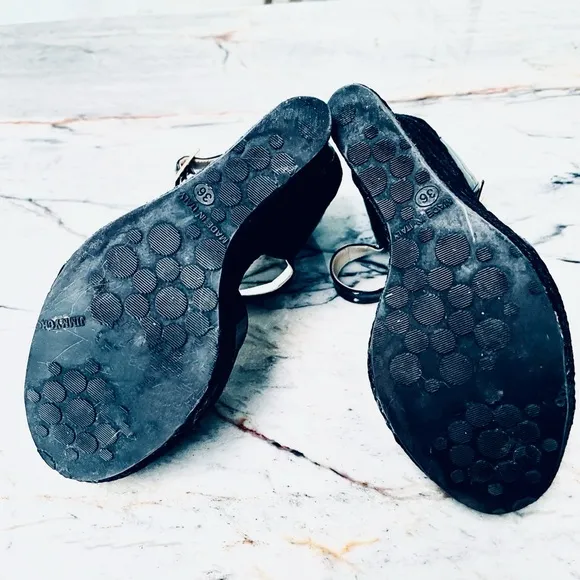 Jimmy Choo black patent Mary Jane raffia heel wedges - size 36- vintage