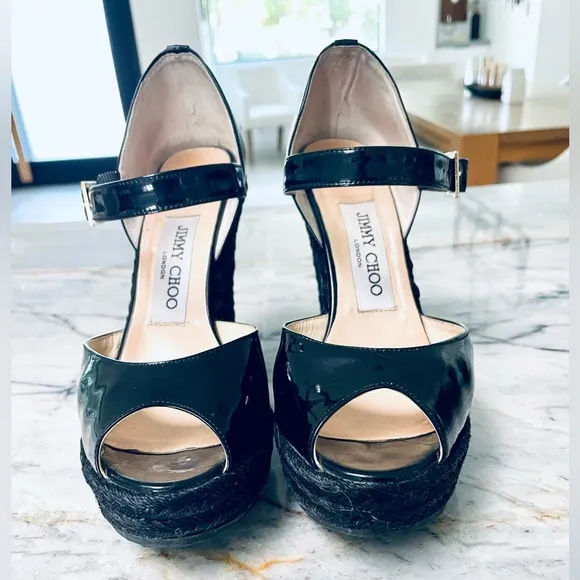 Jimmy Choo black patent Mary Jane raffia heel wedges - size 36- vintage