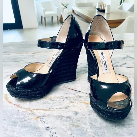 Jimmy Choo black patent Mary Jane raffia heel wedges - size 36- vintage