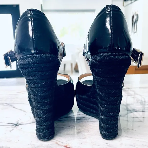 Jimmy Choo black patent Mary Jane raffia heel wedges - size 36- vintage