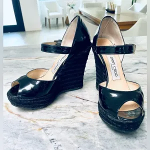 Jimmy Choo black patent Mary Jane raffia heel wedges - size 36- vintage