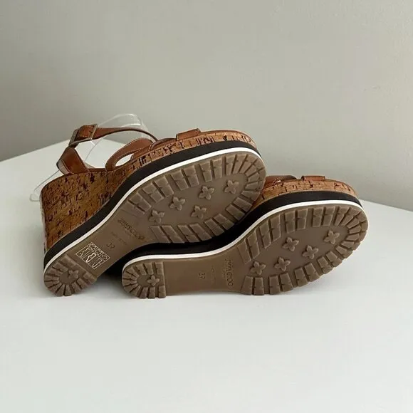 JIMMY CHOO Brown Leather Ankle Strap Platform Cork Wedge Sandals Size 39 (US 9)