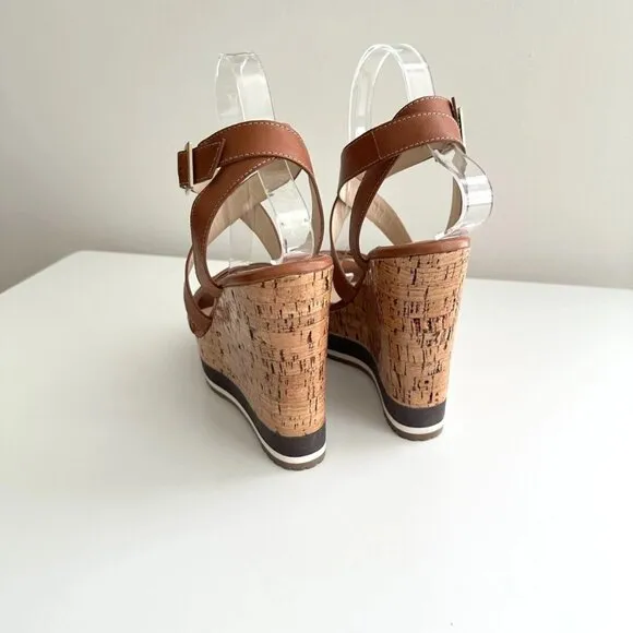 JIMMY CHOO Brown Leather Ankle Strap Platform Cork Wedge Sandals Size 39 (US 9)