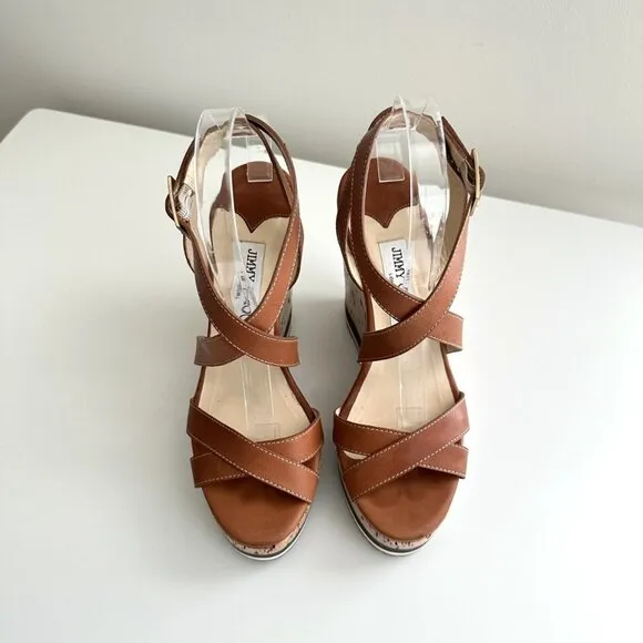 JIMMY CHOO Brown Leather Ankle Strap Platform Cork Wedge Sandals Size 39 (US 9)