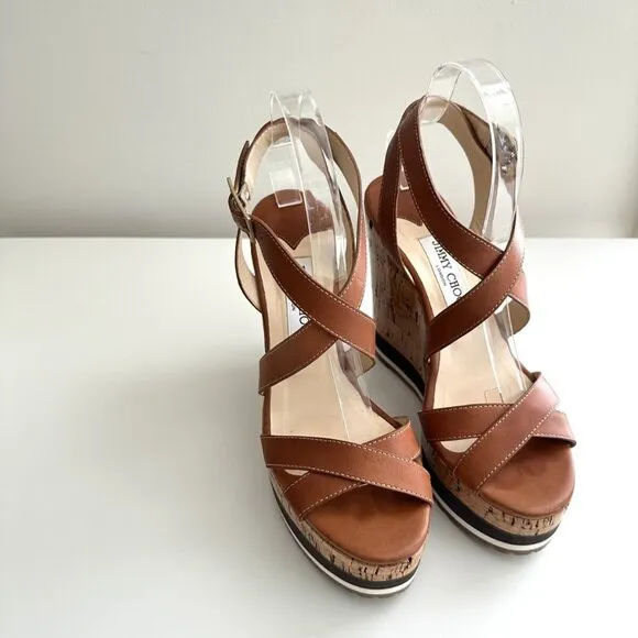 JIMMY CHOO Brown Leather Ankle Strap Platform Cork Wedge Sandals Size 39 (US 9)