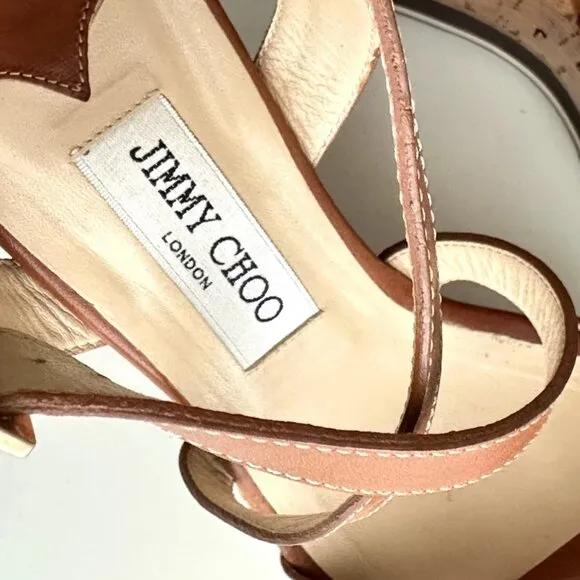 JIMMY CHOO Brown Leather Ankle Strap Platform Cork Wedge Sandals Size 39 (US 9)