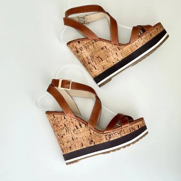 JIMMY CHOO Brown Leather Ankle Strap Platform Cork Wedge Sandals Size 39 (US 9)