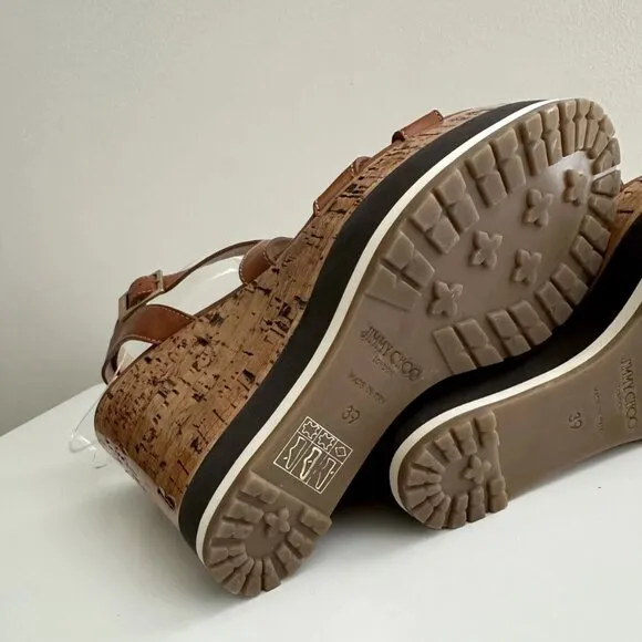 JIMMY CHOO Brown Leather Ankle Strap Platform Cork Wedge Sandals Size 39 (US 9)