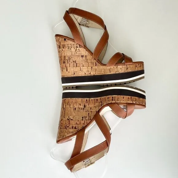 JIMMY CHOO Brown Leather Ankle Strap Platform Cork Wedge Sandals Size 39 (US 9)