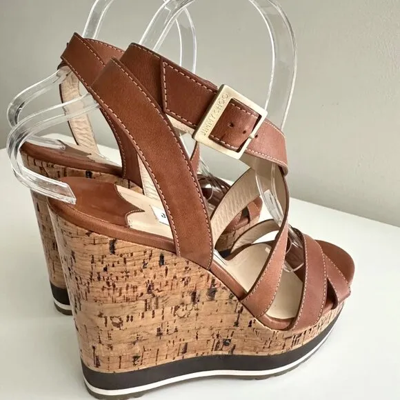 JIMMY CHOO Brown Leather Ankle Strap Platform Cork Wedge Sandals Size 39 (US 9)