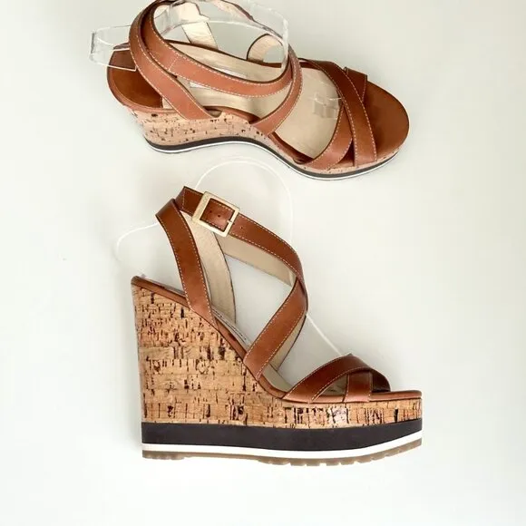 JIMMY CHOO Brown Leather Ankle Strap Platform Cork Wedge Sandals Size 39 (US 9)