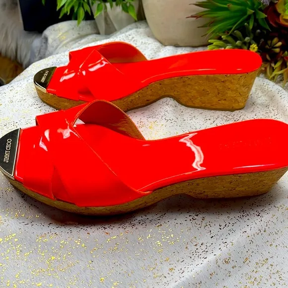 Jimmy Choo cork wedges platform heels neon orange NEW!