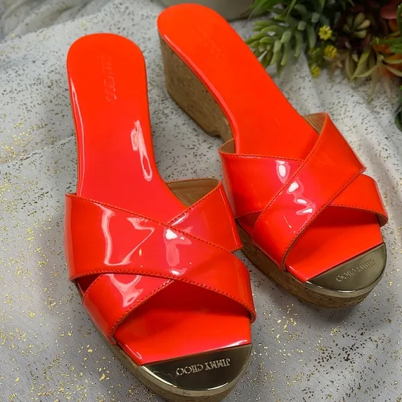 Jimmy Choo cork wedges platform heels neon orange NEW!