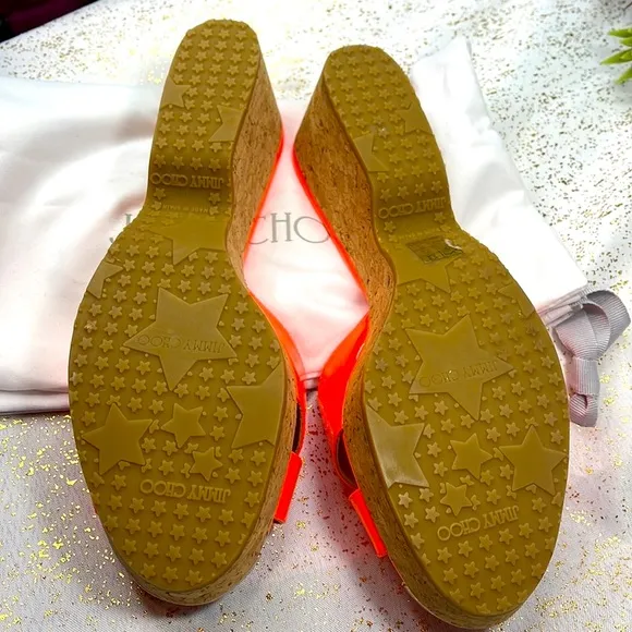 Jimmy Choo cork wedges platform heels neon orange NEW!