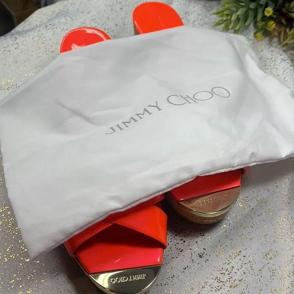 Jimmy Choo cork wedges platform heels neon orange NEW!