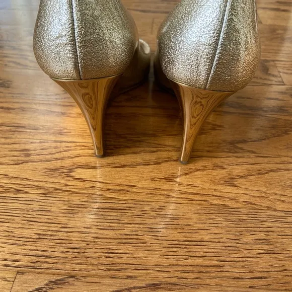 Jimmy Choo Gold Peep Toe metallic gold with gold wedge