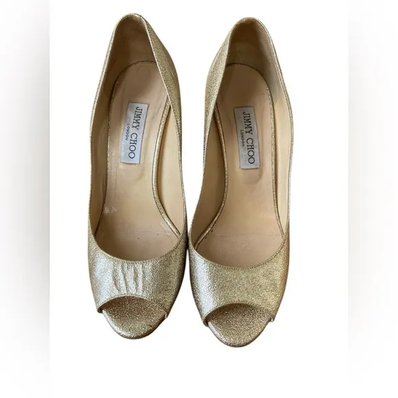 Jimmy Choo Gold Peep Toe metallic gold with gold wedge