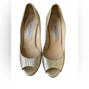 Jimmy Choo Gold Peep Toe metallic gold with gold wedge