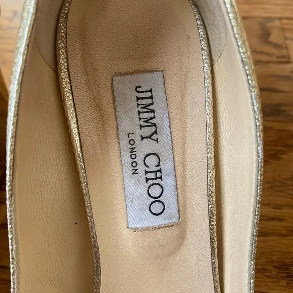 Jimmy Choo Gold Peep Toe metallic gold with gold wedge